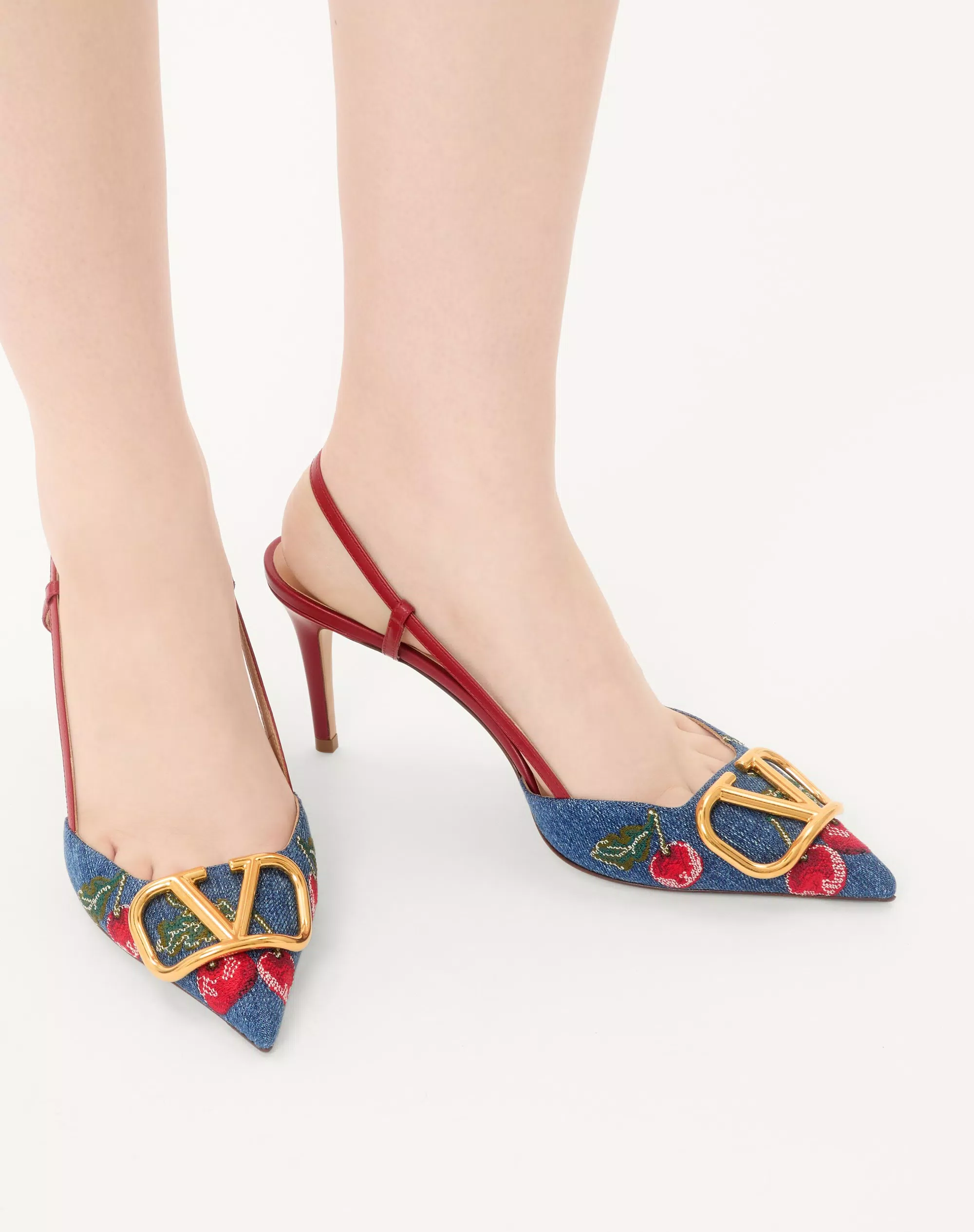 Valentino Vlogo Signature Slingback Pumps In Denim With Cherryfic Embroidery 80Mm - Image 7